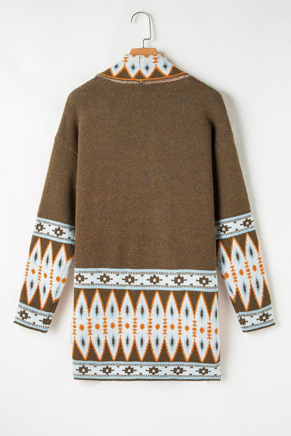 Brown aztec print open front knitted cardigan by Carmine Juneberry, styled as a cozy sweater with intricate pattern details.