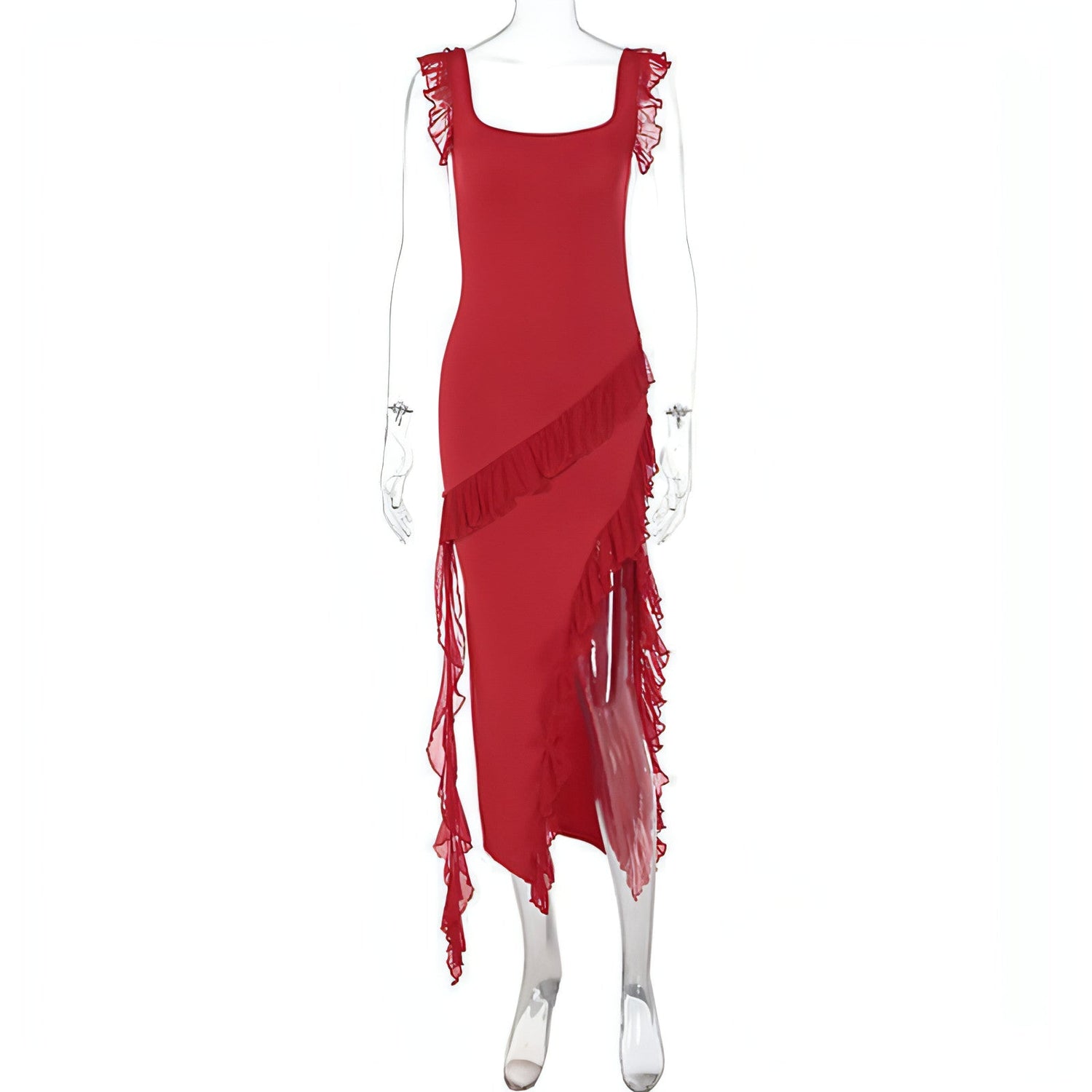 Carmine Juneberry female summer dress with stringy selvedge stitching, stylish and lightweight for warm weather wear.