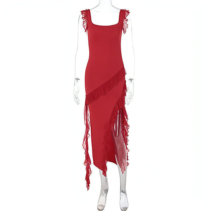 Carmine Juneberry female summer dress with stringy selvedge stitching, stylish and lightweight for warm weather wear.