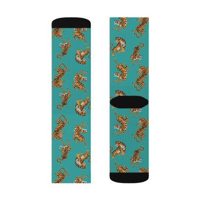 Yellow Pandora Tiger Fun novelty socks featuring playful tiger print and bright colors, ideal for casual wear.