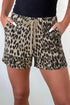 Leopard print denim drawstring elastic waist shorts for women by Byzantium Bay, featuring a stylish and comfortable fit.