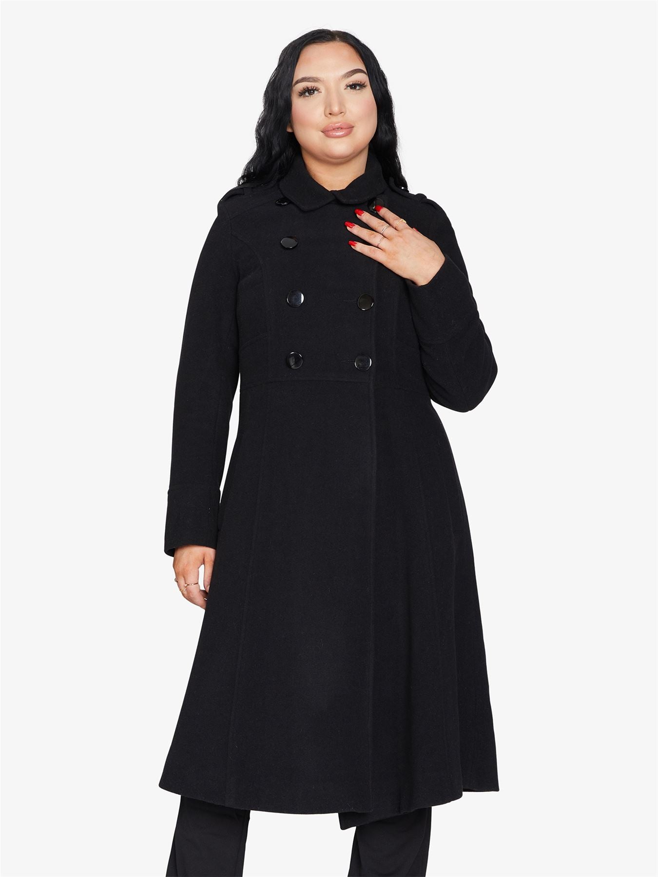 Rose Eleusis A-Line double-breasted coat, stylish jacket with tailored fit and classic design, displayed on a hanger.