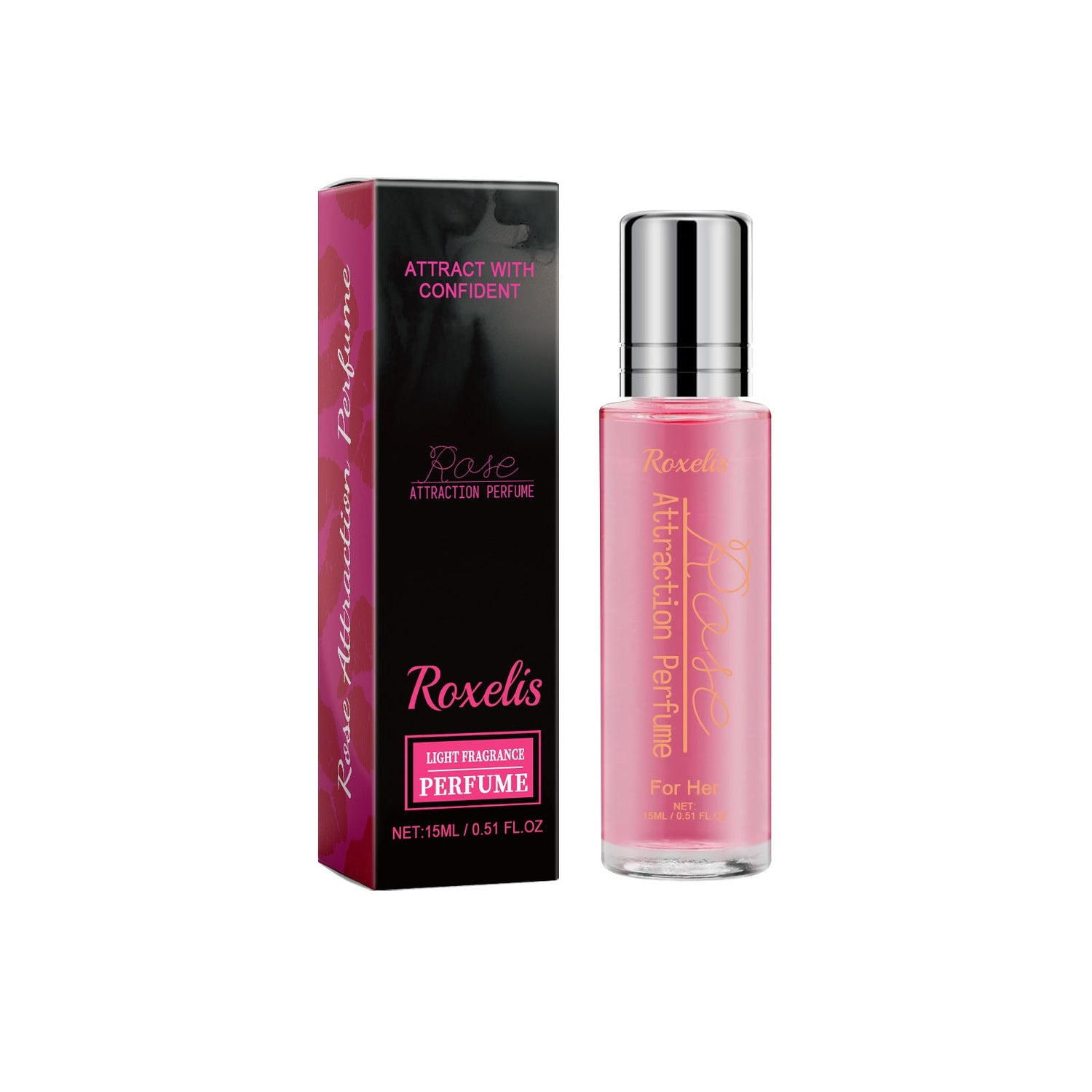Carmine Juneberry Roxelis™ Rose Perfume Attraction Pink bodycare bottle with pink floral design and elegant packaging.