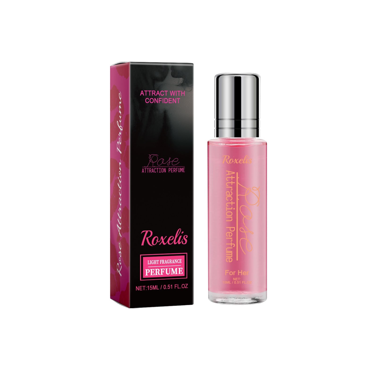 Carmine Juneberry Roxelis™ Rose Perfume Attraction Pink bodycare bottle with pink floral design and elegant packaging.