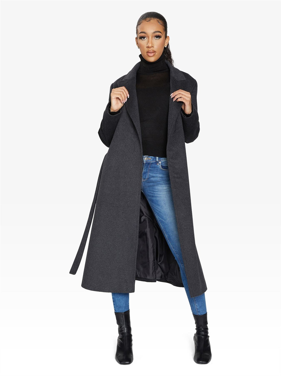 Longline belted duster coat by Rose Eleusis, stylish jacket with a tailored fit and belt, perfect for layered winter looks.