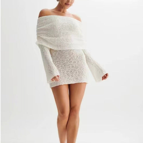 Off-shoulder knit bodycon dress by Carmine Juneberry, 25th Edition, featuring a fitted silhouette and stylish neckline.