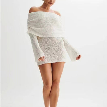 Off-shoulder knit bodycon dress by Carmine Juneberry, 25th Edition, featuring a fitted silhouette and stylish neckline.