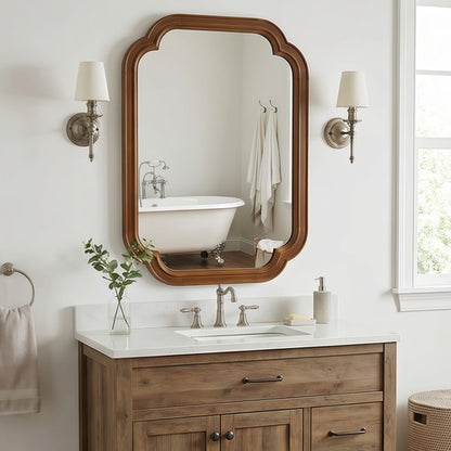 Round decorative mirror with solid wood frame and rounded corners, ideal for bedroom furniture by Sangria Beech.