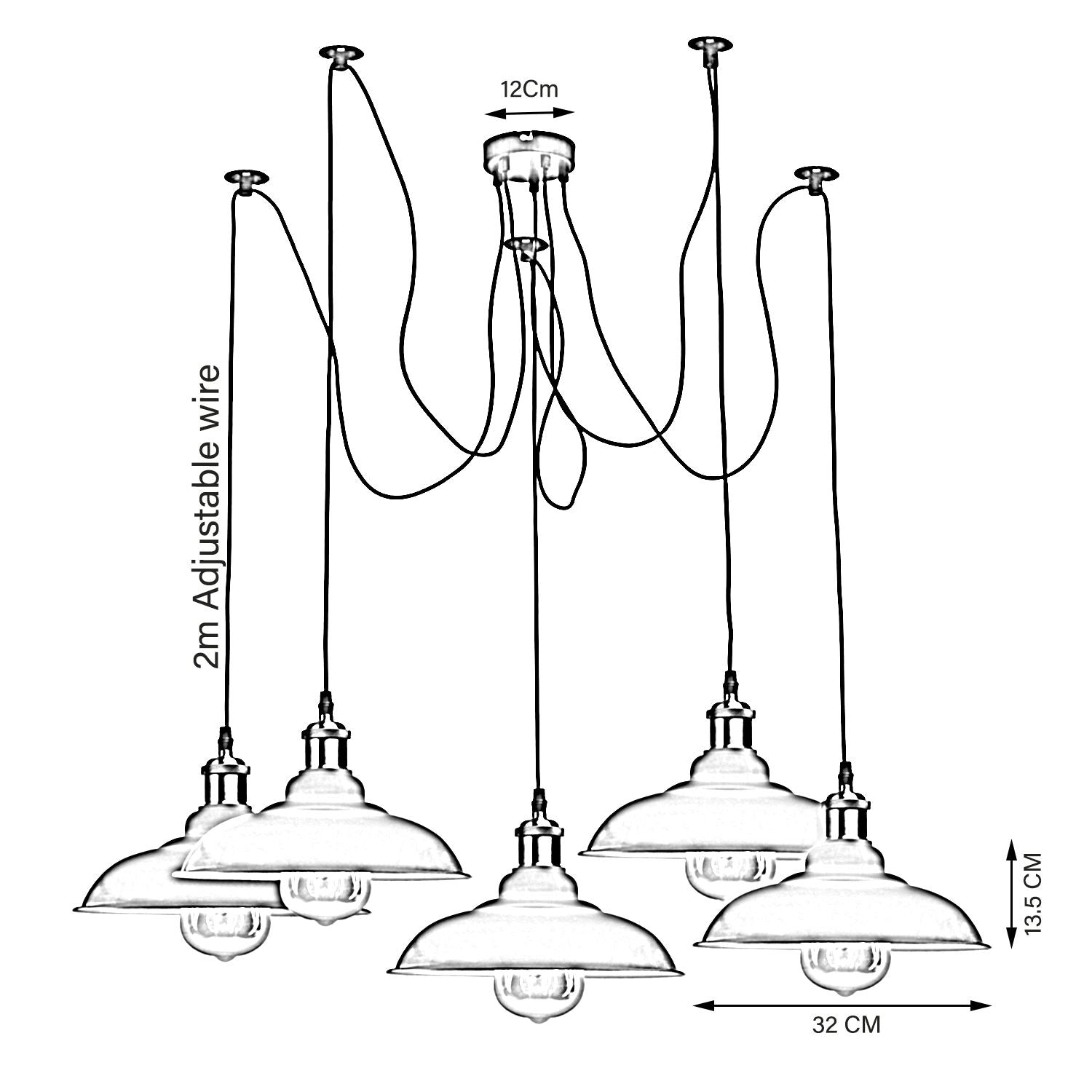 Industrial Spider Adjustable Multi Arm Pendant Light with five E27 sockets by Sangria Angel, featuring a modern, multi-armed lighting design.