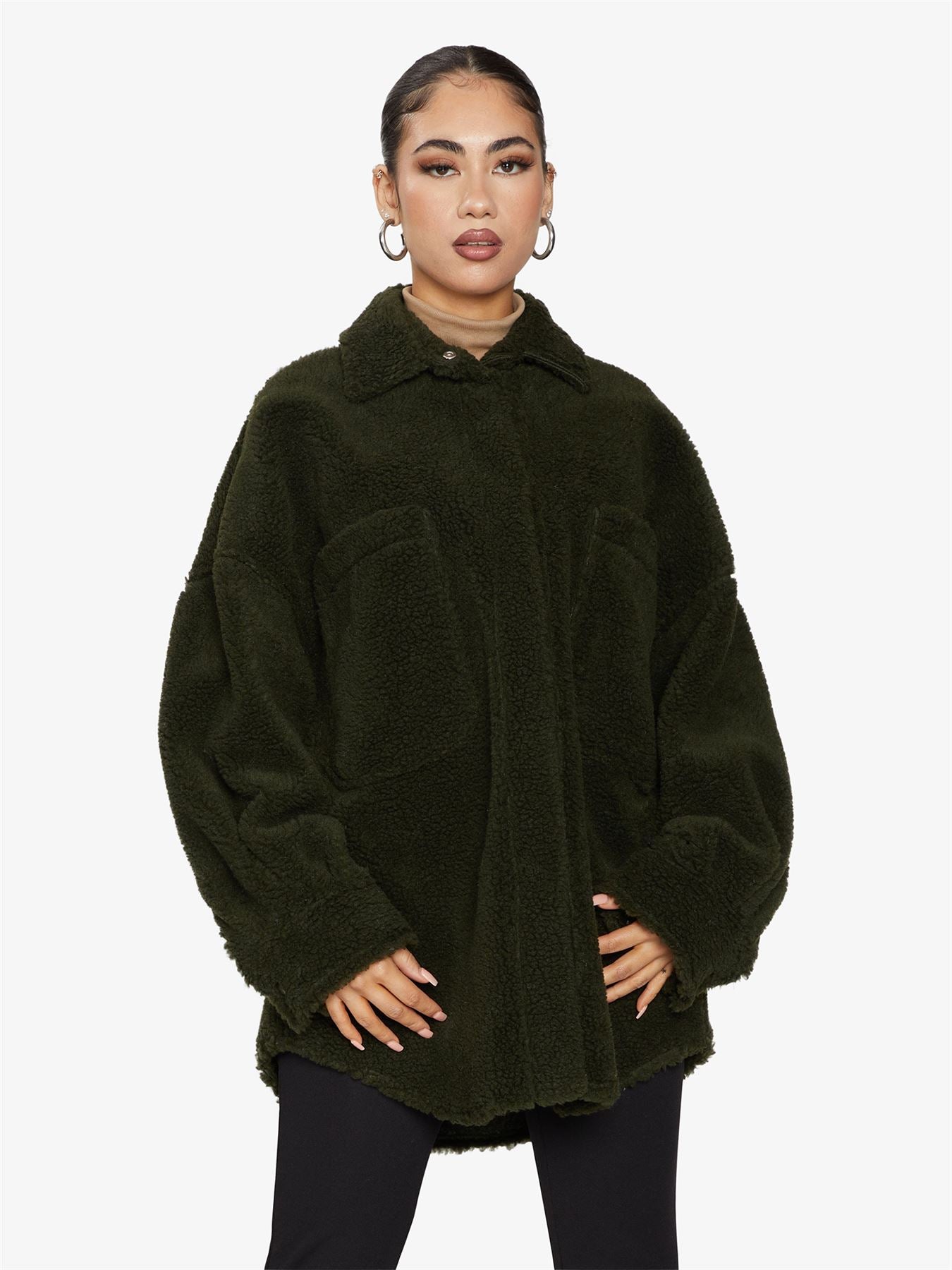 Rose Eleusis oversized patch pocket borg teddy shacket in soft, plush fabric with a relaxed fit and cozy design.