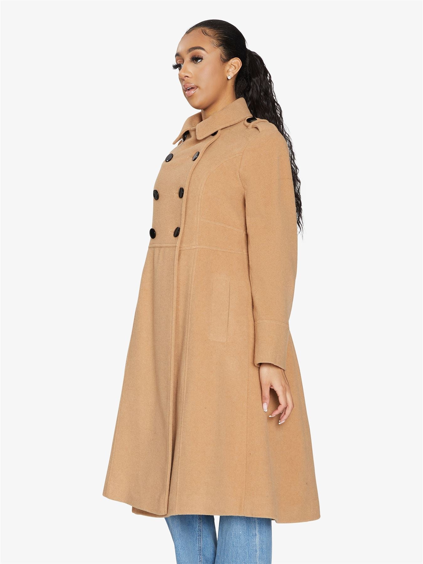 Rose Eleusis A-Line double-breasted coat, stylish jacket with a tailored fit, featuring large buttons and a classic collar.