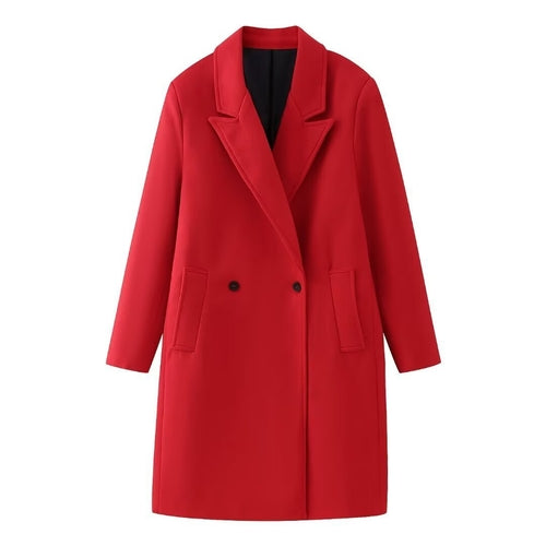 Red double-breasted long overcoat by Carmine Juneberry, stylish jacket with wide lapels and button details, on a hanger.