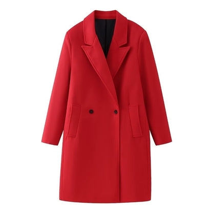 Red double-breasted long overcoat by Carmine Juneberry, stylish jacket with wide lapels and button details, on a hanger.