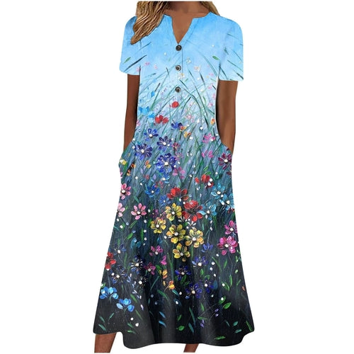 Light beige women’s summer midi dress by Carmine Juneberry with casual style, pockets, and a breezy, comfortable fit.