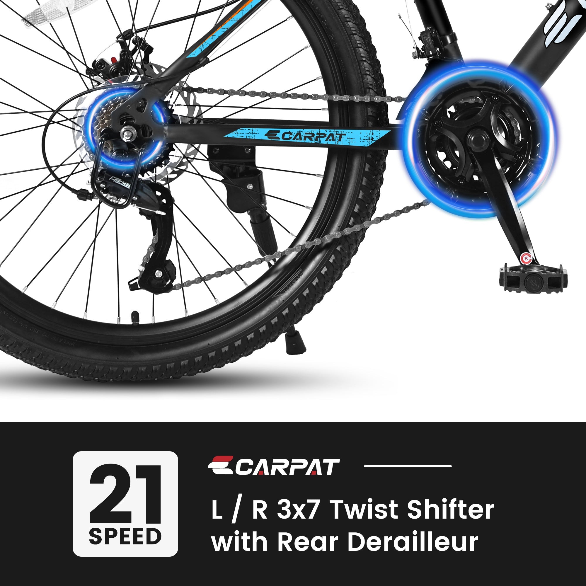 Carpat City-Cruizer™ 26-inch performance mountain bike by Carmine Juneberry in black and blue, ready for off-road riding.