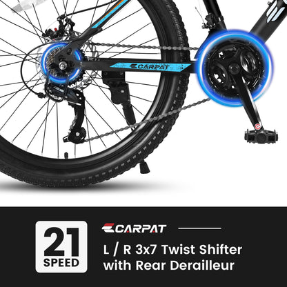 Carpat City-Cruizer™ 26-inch performance mountain bike by Carmine Juneberry in black and blue, ready for off-road riding.