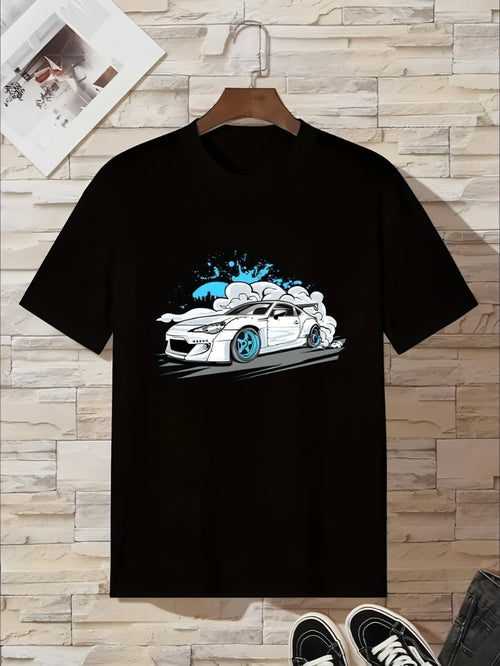 Youth white sports car casual T-shirt for men by Carmine Juneberry, featuring a sporty car graphic on the front.