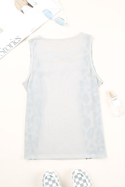 Harlequin Daisy crisscross leopard splicing tank top, sleeveless bath and beauty apparel with bold animal print design.