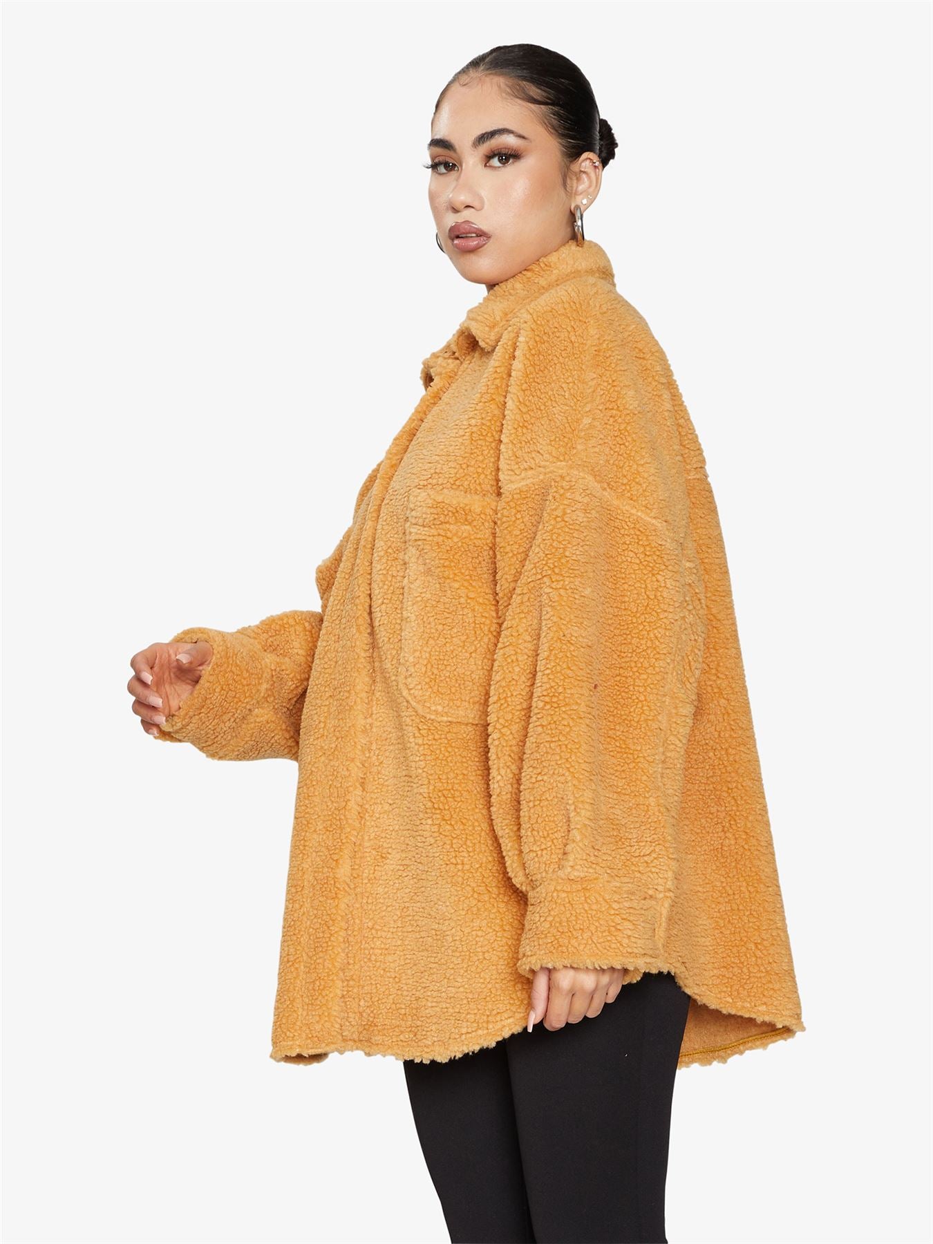 Rose Eleusis oversized patch pocket borg teddy shacket, tan and cream, showing cozy, plush fleece fabric and relaxed fit design.