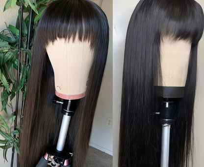 Carmine Juneberry LuxeWave wig with real human hair and straightening mechanism headgear, showcasing sleek, straight hair style.