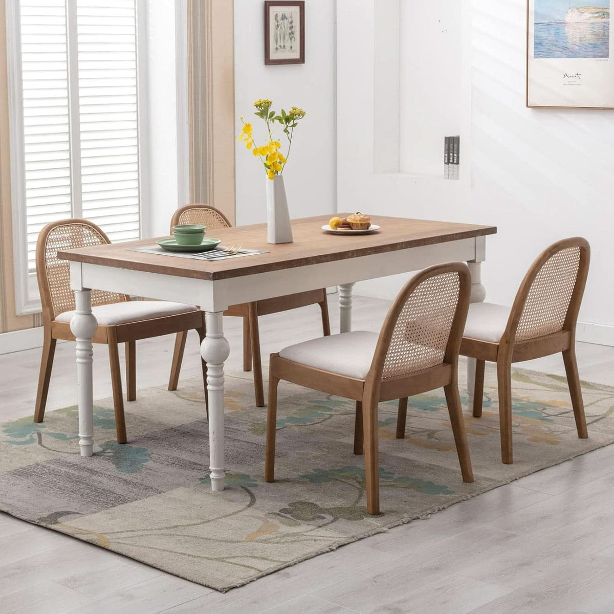 Beige Rattan Dining Chairs Featuring Contemporary Wood
