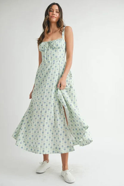 Floral print MABLE bustier midi dress with back lace-up detail by Pear Daisy, suitable for home and garden events.