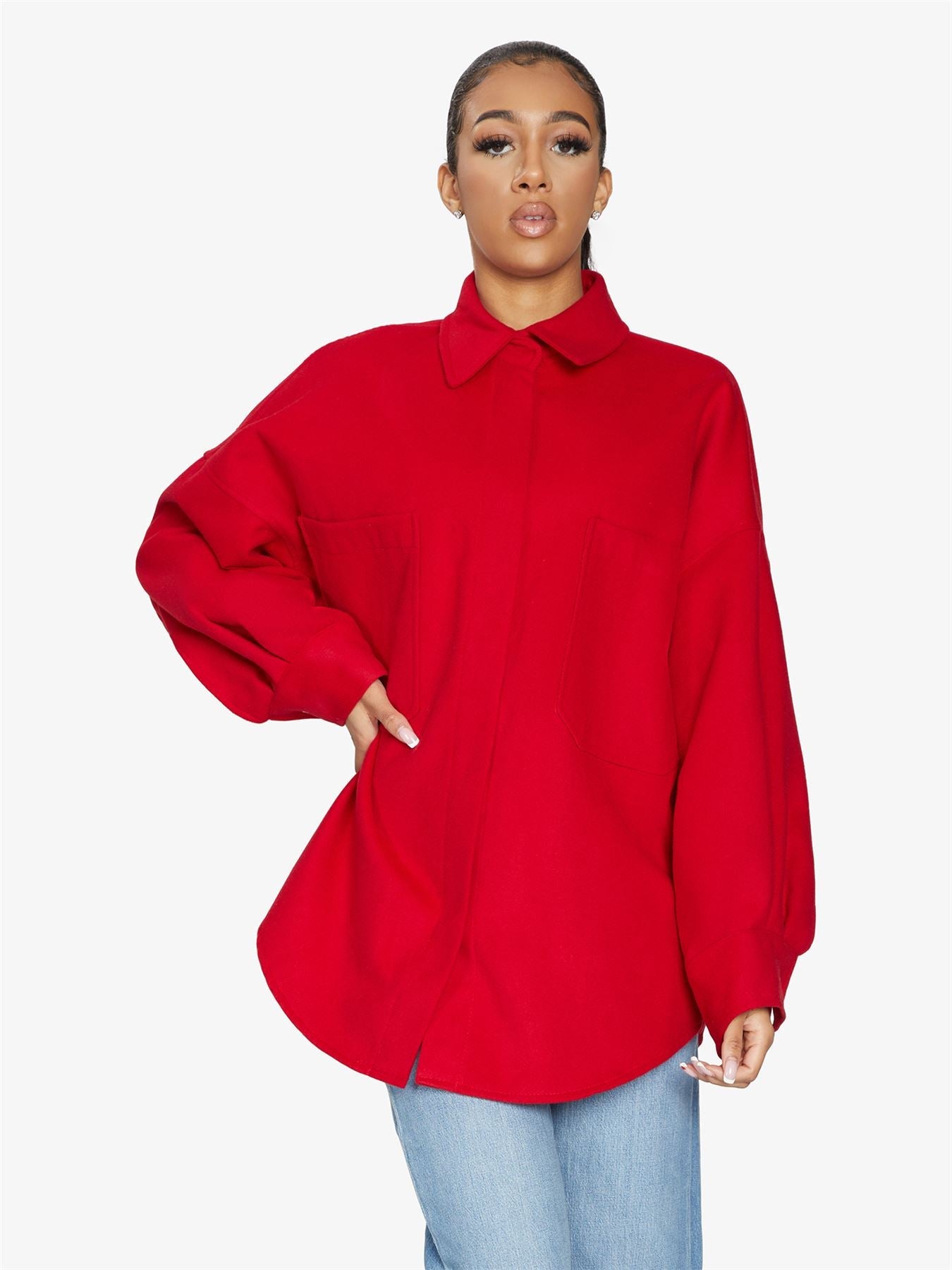 Rose Eleusis oversized patch pocket shacket, a stylish jacket with front patch pockets and a relaxed fit, perfect for layered casual wear.