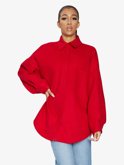 Rose Eleusis oversized patch pocket shacket, a stylish jacket with front patch pockets and a relaxed fit, perfect for layered casual wear.