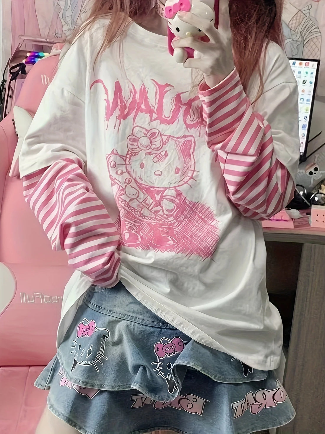 Hello Kitty long sleeve T-shirt for women featuring Japanese sweet design, loose fit, and casual style by Start2Finish.