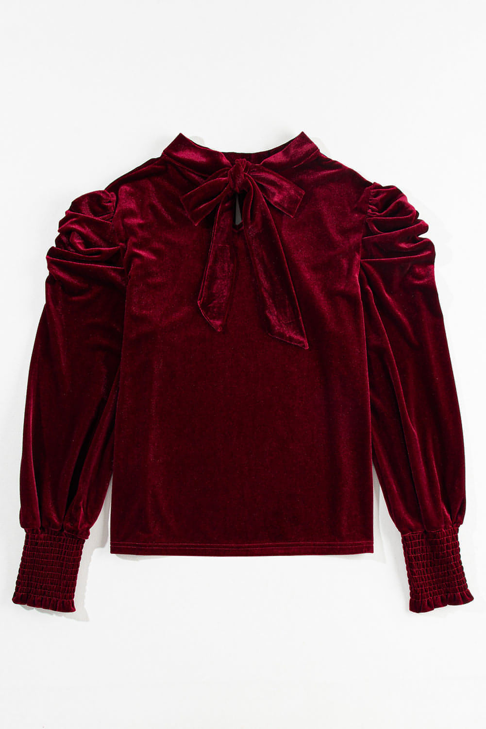 Fiery red velvet mock neck blouse with puff sleeves from Carmine Juneberry, stylish tops and blouses for women.