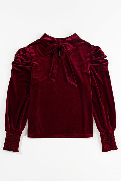 Fiery red velvet mock neck blouse with puff sleeves from Carmine Juneberry, stylish tops and blouses for women.