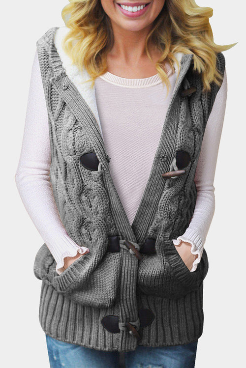 Multicolour cable knit hooded sweater vest by Harlequin Daisy, featuring a cozy, multicoloured cable knit design with a hood.