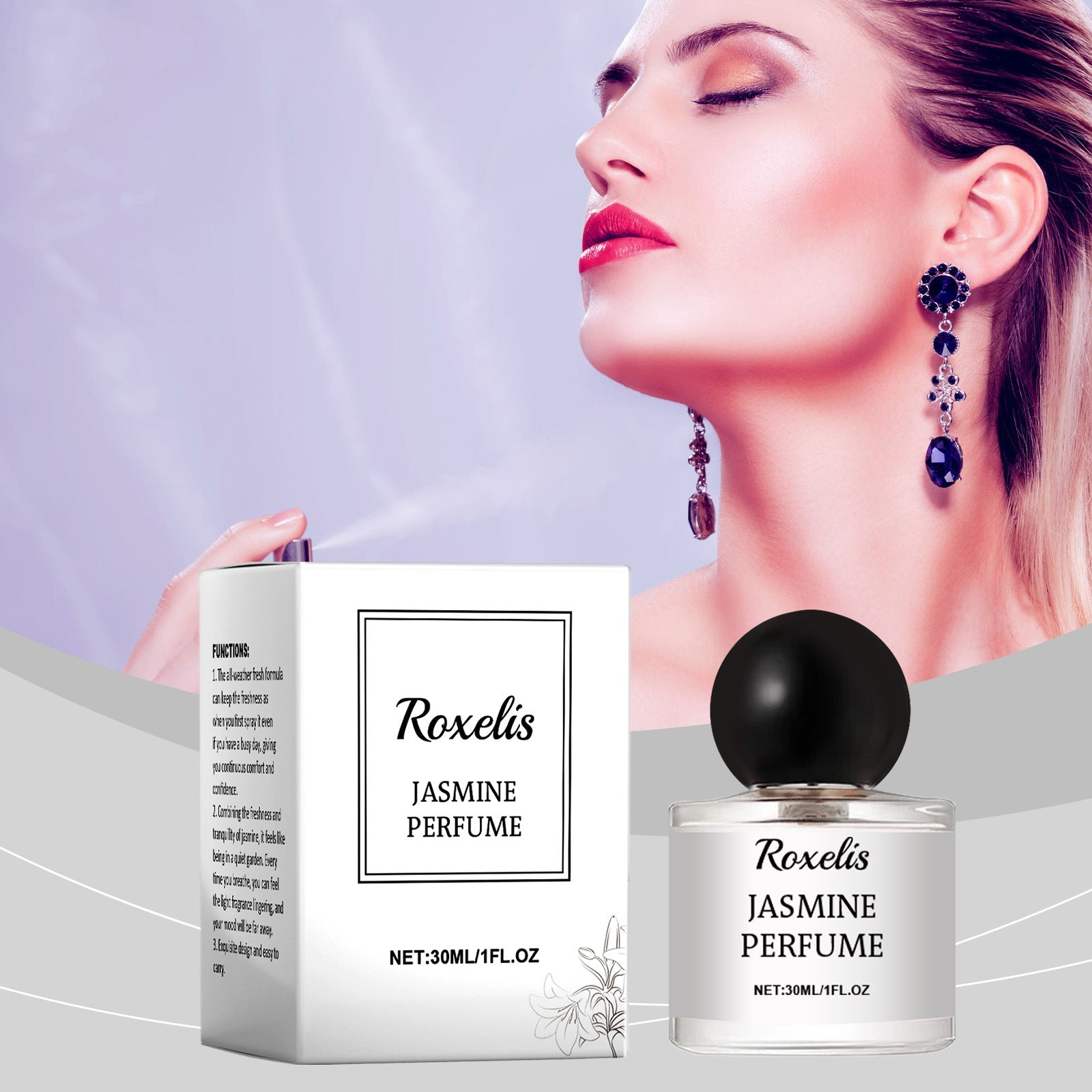 Carmine Juneberry Roxelis Jasmine Romantic Party Perfume 30ml bottle with floral design for bodycare and fragrance.