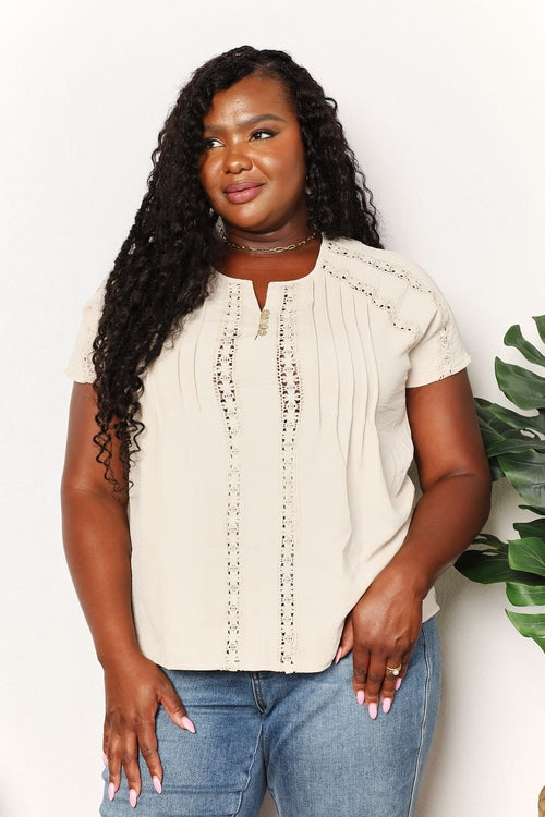 Pear Daisy crochet short sleeve top with button details, ideal for casual home and garden wear, featuring a stylish double take design.