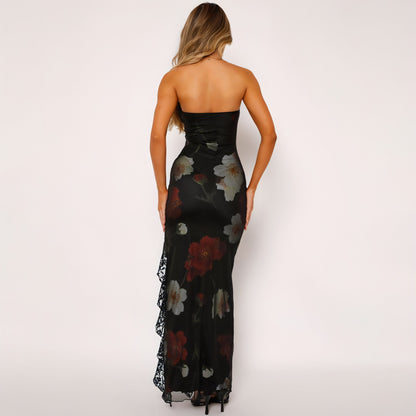 Carmine Juneberry printed lace stitching wrapped chest dew dress showing intricate lace details and elegant design.