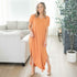 Pink Bearberry viscose maxi dress with side slit, V-neck, short sleeves, flowing design, perfect for casual or summer wear.