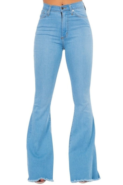 Light wash Jade Icarus bell bottom jeans with 34-inch inseam, featuring flared legs and classic denim details.