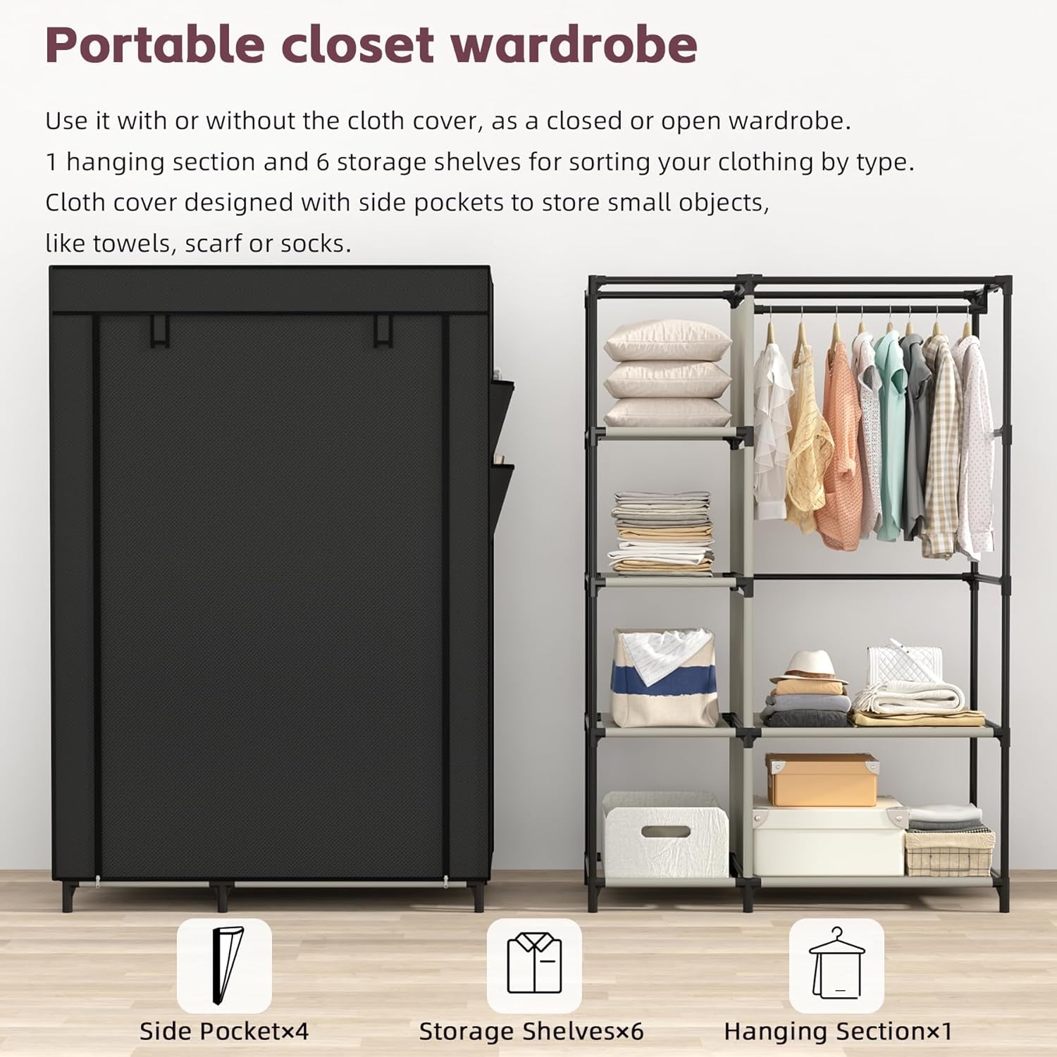 Black portable closet organizer by Peach Maple with 6 shelves and a clothing rod, featuring a compact furniture design.