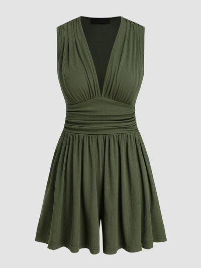 Taupe Oliver MUNSIEUR ruched plunge romper, luxurious sleeveless jumpsuit for women, shown in a stylish, fitted design.