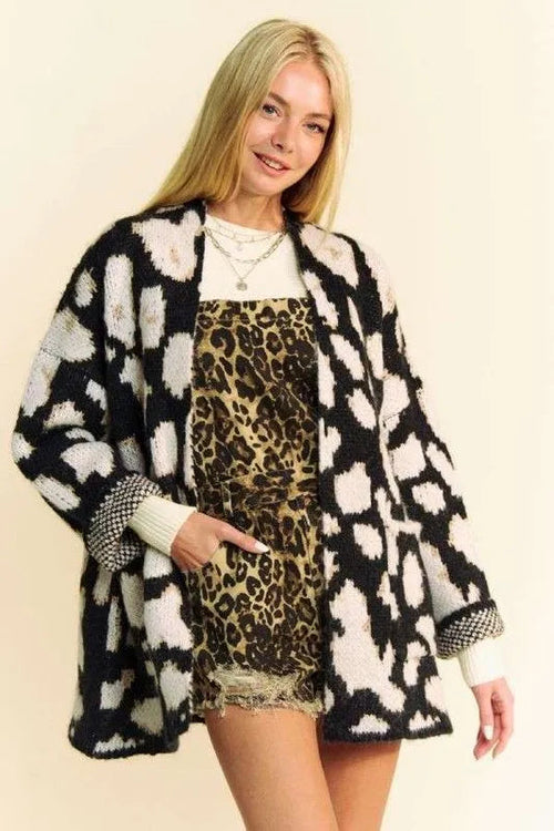 Davi &amp; Dani leopard open front long sleeve cardigan from Pear Daisy, featuring a stylish animal print and cozy knit fabric.