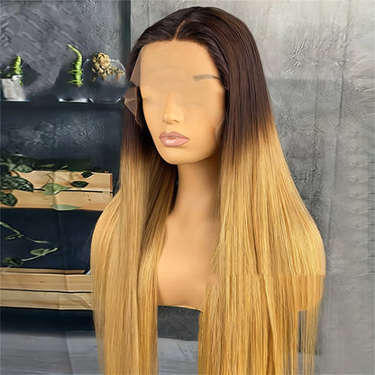 Carmine Juneberry LuxeWave Fashion real hair gradient wig with lace headgear, showing the styled wig with smooth, layered hair in natural shades.