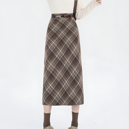 High waist mid-length woolen plaid skirt for women by Carmine Juneberry, featuring a classic checkered pattern and tailored fit.