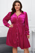 Rose red plus size velvet long sleeve button-up tiered dress by Harlequin Daisy, featuring a flowing silhouette and tiered design.