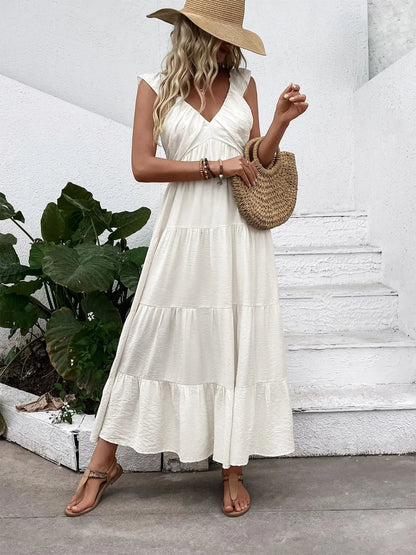 V-neck sleeveless tiered dress by Ruby Styx, flowing fabric with layered design, perfect for casual or summer wear.