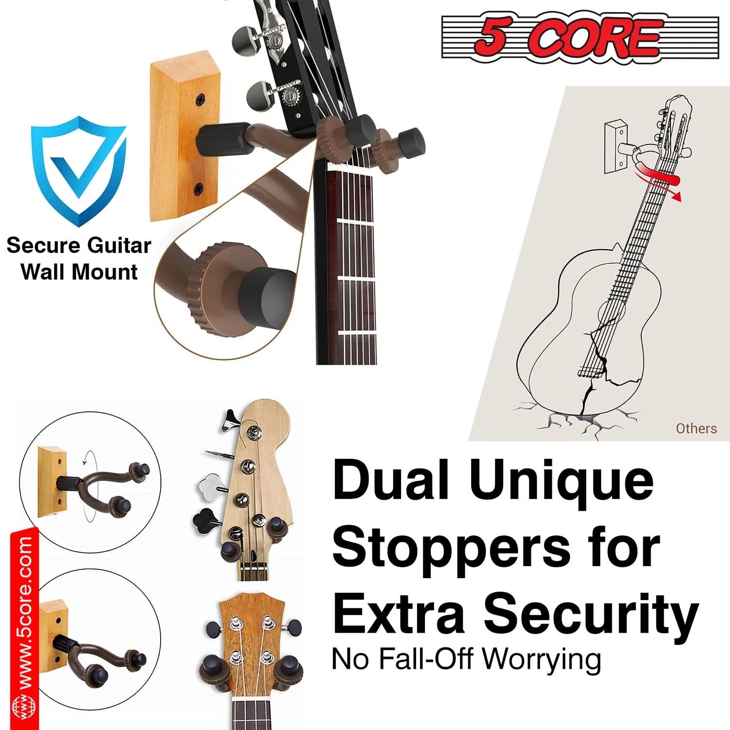 Violet Rose 5Core guitar wall mount hanger 2-pack with U-shaped wooden hooks for hanging guitars on wall.
