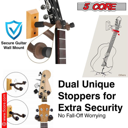 Violet Rose 5Core guitar wall mount hanger 2-pack with U-shaped wooden hooks for hanging guitars on wall.