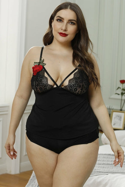 Plus size floral embroidery lace cami set for women by Jade, featuring delicate lace and vibrant floral embroidery.