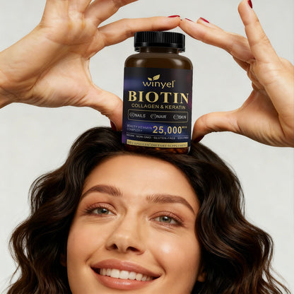 Pear Daisy Biotin Collagen Hyaluronic Acid and Keratin supplement for normal hair, featuring capsules in a clear container.