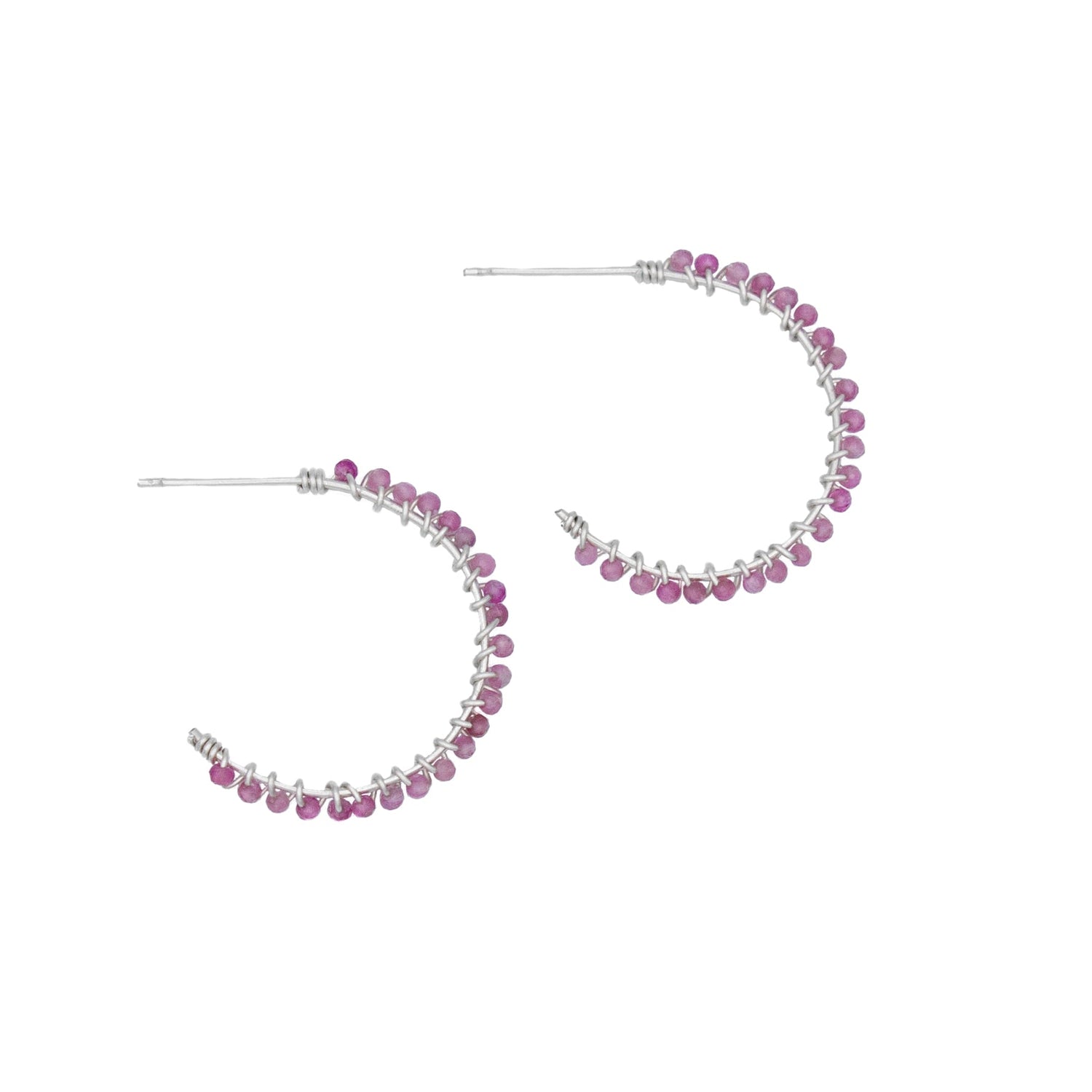 Pink tourmaline beaded sterling silver hoop earrings with a polished finish, stylish jewelry by Grey Clymene.