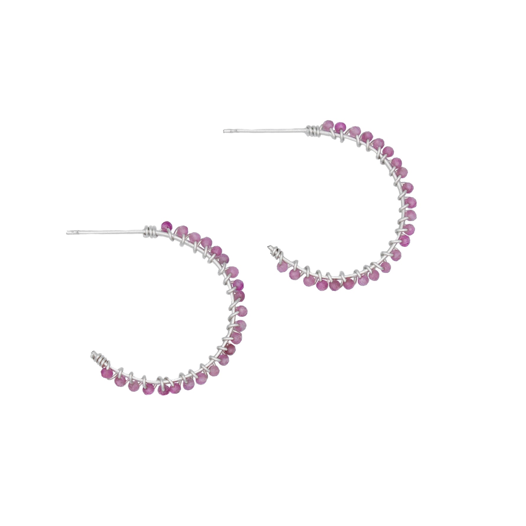 Pink tourmaline beaded sterling silver hoop earrings with a polished finish, stylish jewelry by Grey Clymene.